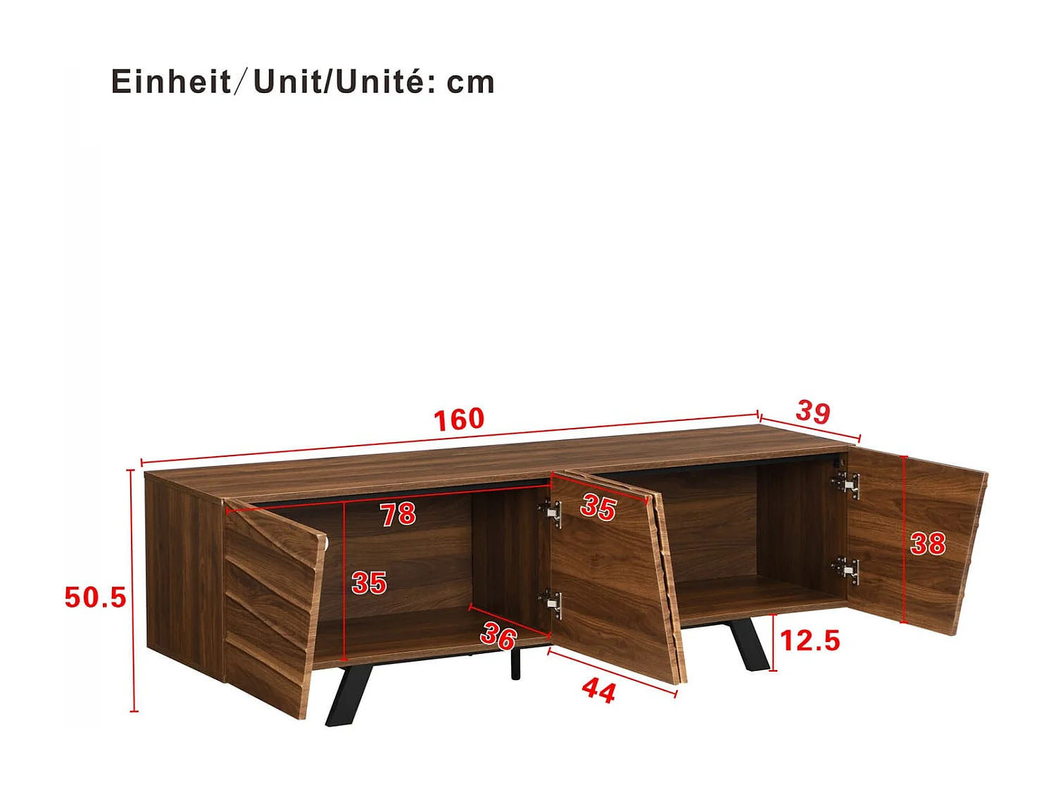Moderner TV-Schrank mit Wellenfront – Lowboard im Walnuss-Look mit schwarzen Eisenbeinen, großem Stauraum, Kabelmanagement & Ablage – TV-Möbel