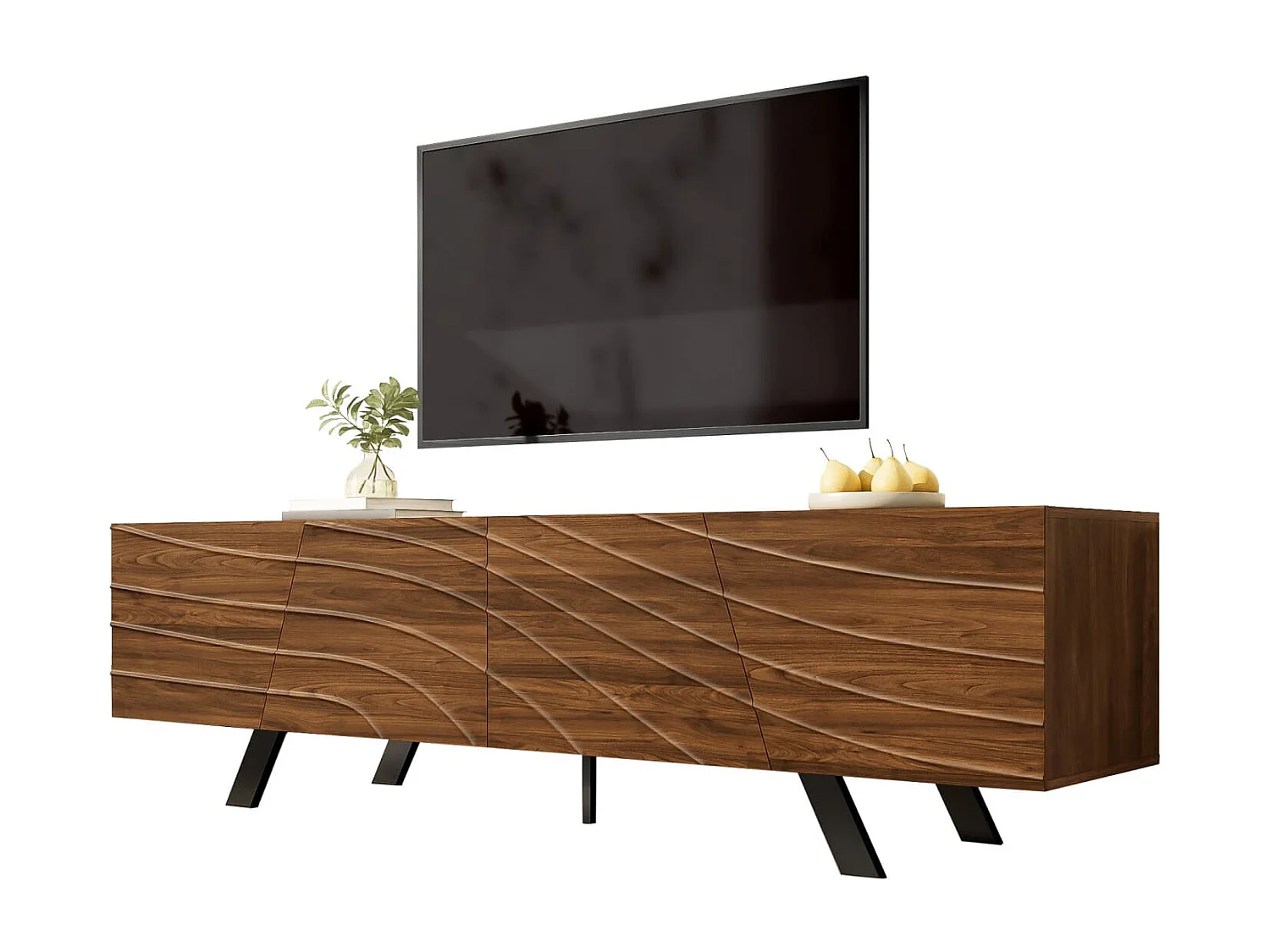Moderner TV-Schrank mit Wellenfront – Lowboard im Walnuss-Look mit schwarzen Eisenbeinen, großem Stauraum, Kabelmanagement & Ablage – TV-Möbel