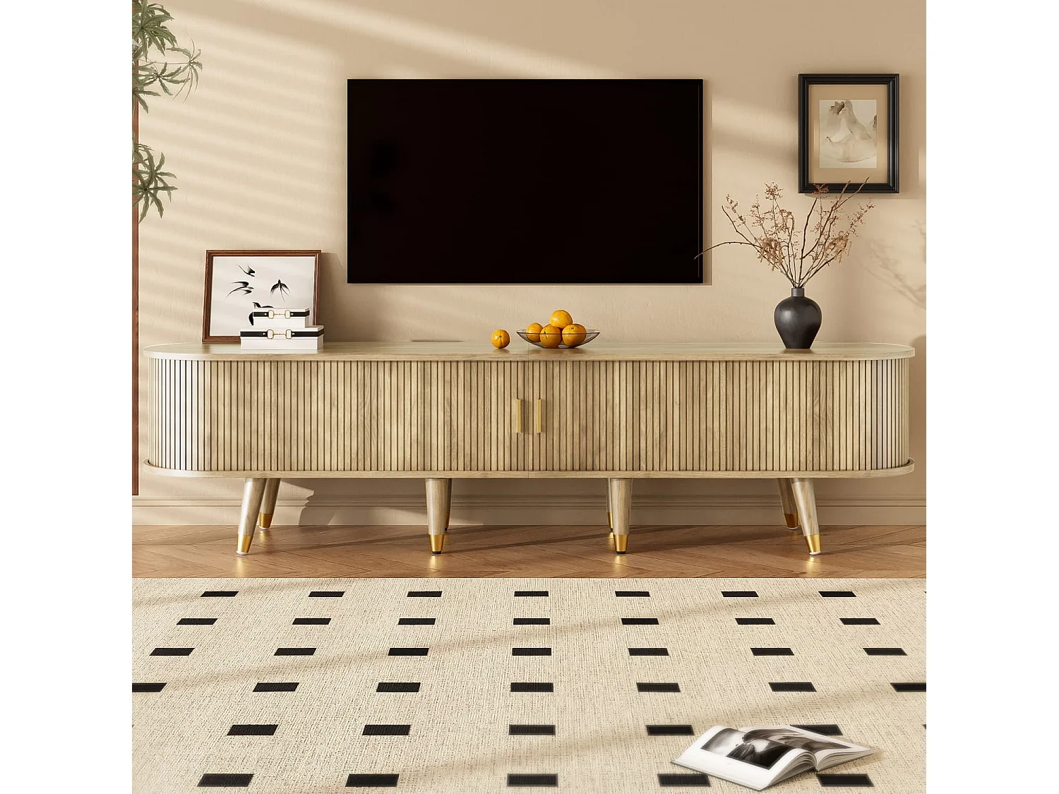 TV-Schrank mit Schiebetüren, TV-Möbel, TV-Ständer, niedrigerer Fernsehschrank, TV-Halterung. Einzigartiges Design.