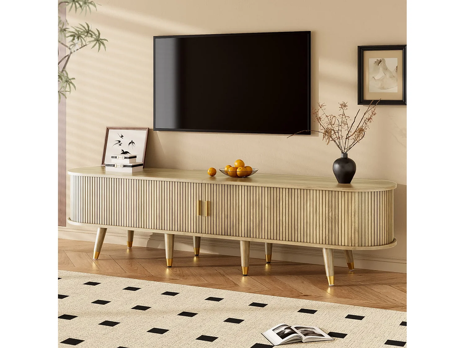 TV-Schrank mit Schiebetüren, TV-Möbel, TV-Ständer, niedrigerer Fernsehschrank, TV-Halterung. Einzigartiges Design.