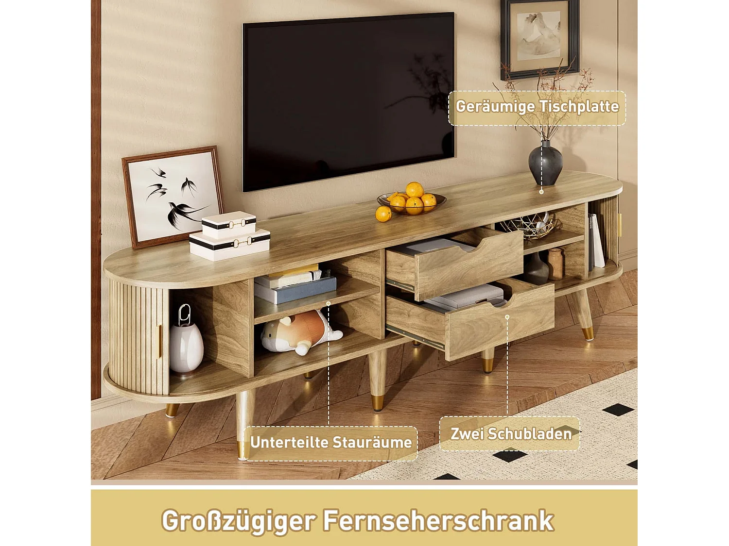 TV-Schrank mit Schiebetüren, TV-Möbel, TV-Ständer, niedrigerer Fernsehschrank, TV-Halterung. Einzigartiges Design.
