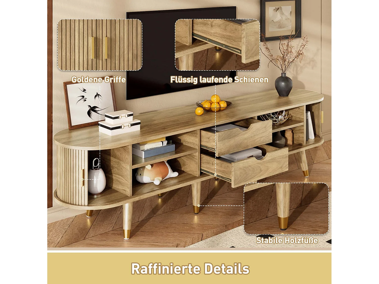 TV-Schrank mit Schiebetüren, TV-Möbel, TV-Ständer, niedrigerer Fernsehschrank, TV-Halterung. Einzigartiges Design.