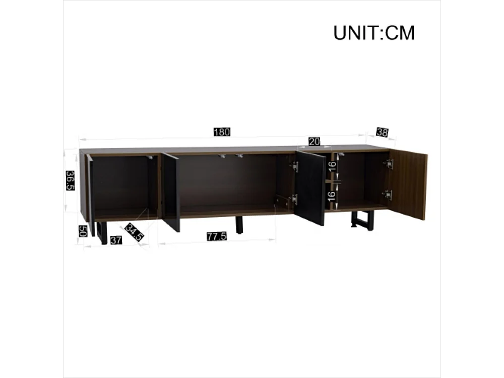 TV-Schrank mit vier Türen,TV-Ständer, TV-Paneel, niedriger TV-Ständer, TV-Konsolentisch 180 x 38 x 50 cm (L x B x H)