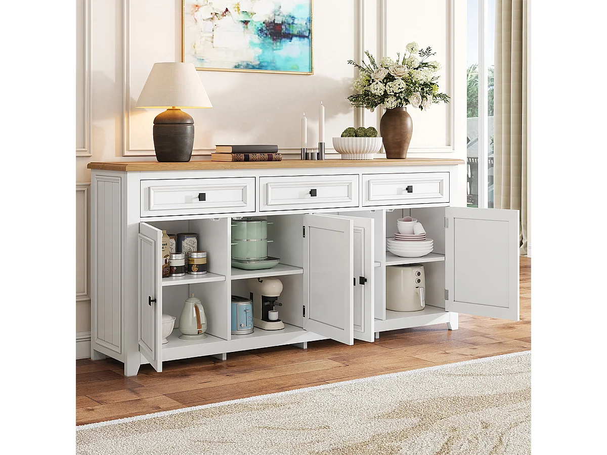 Sideboard mit Drei Schubladen und Vier Türen, Anrichte Stauraum Buffet Aufbewahrungsschrank 160L x 35B x 76H(cm)