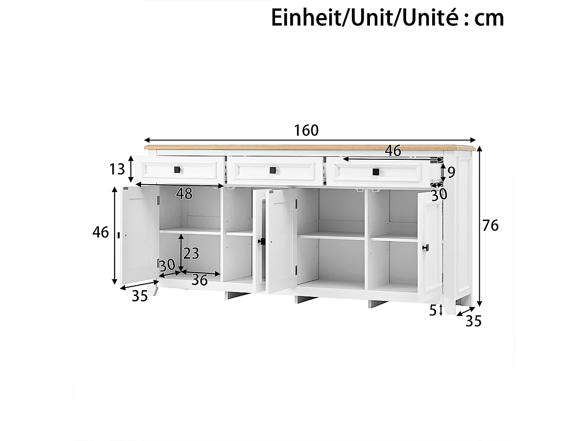 Sideboard mit Drei Schubladen und Vier Türen, Anrichte Stauraum Buffet Aufbewahrungsschrank 160L x 35B x 76H(cm)