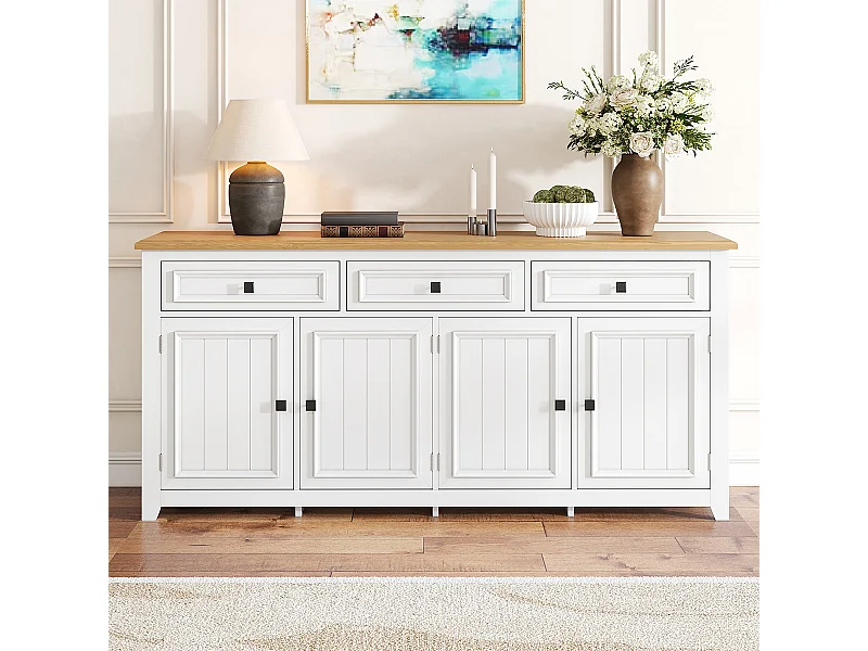Sideboard mit Drei Schubladen und Vier Türen, Anrichte Stauraum Buffet Aufbewahrungsschrank 160L x 35B x 76H(cm)