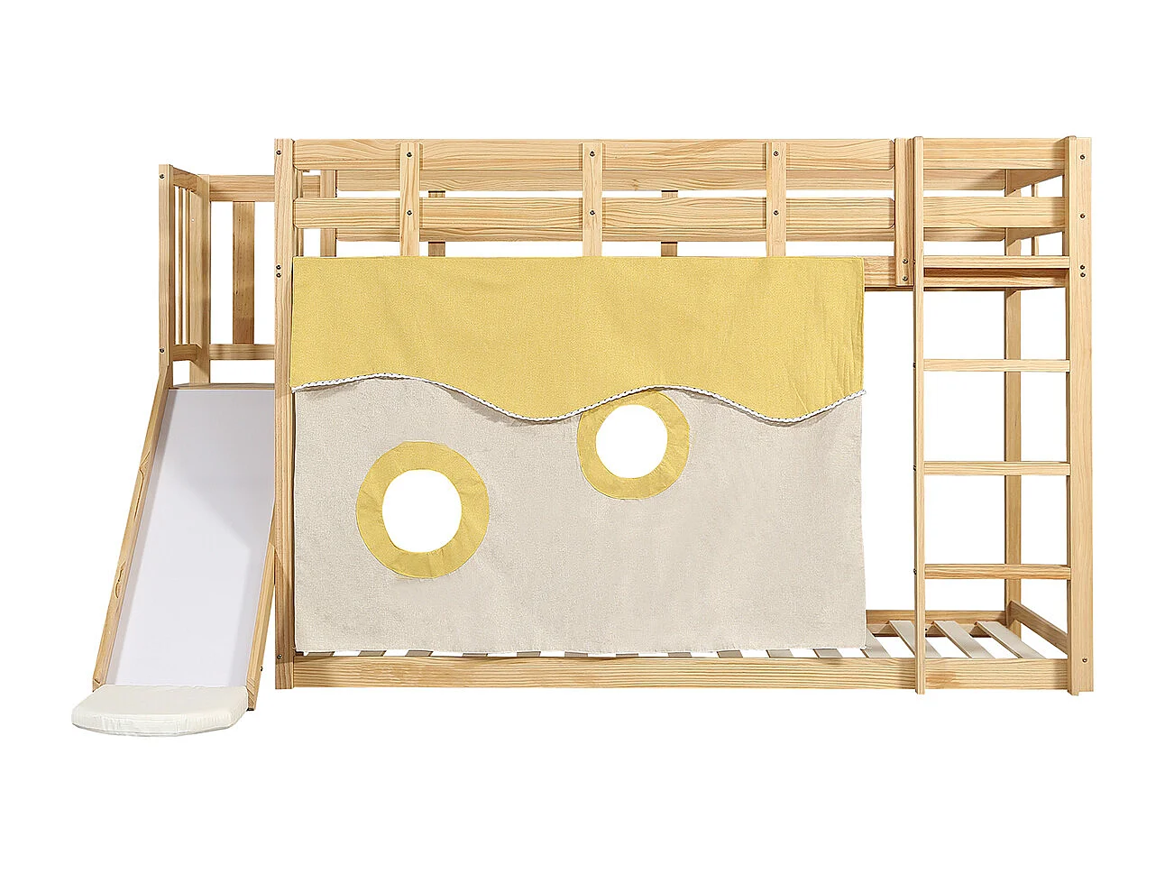 Kinderbett mit Treppe und Zäune, Bettvorhang, Rutsche Etagenbett Jugendbett MDF+Kiefer 90x200cm Natur