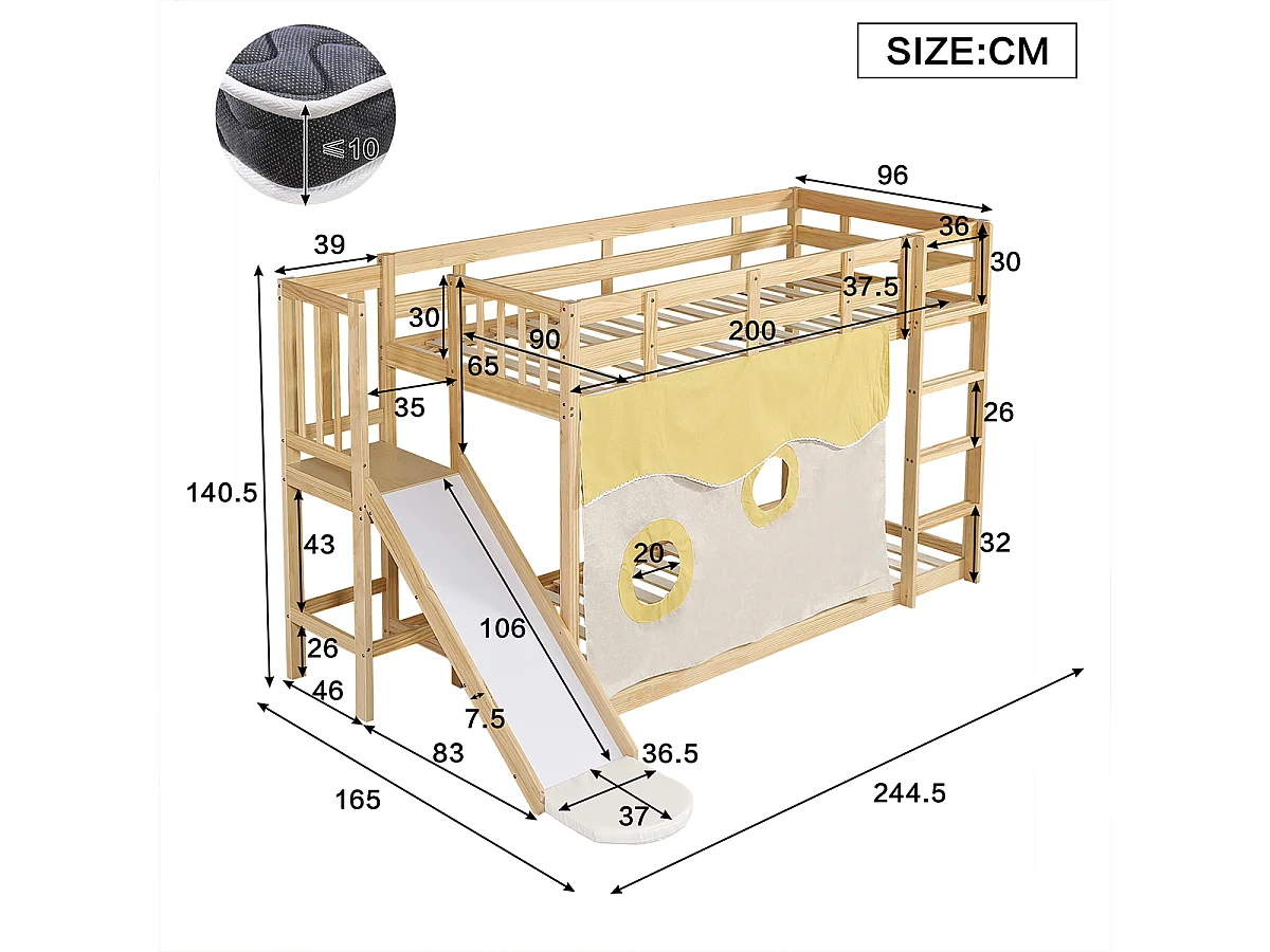 Kinderbett mit Treppe und Zäune, Bettvorhang, Rutsche Etagenbett Jugendbett MDF+Kiefer 90x200cm Natur