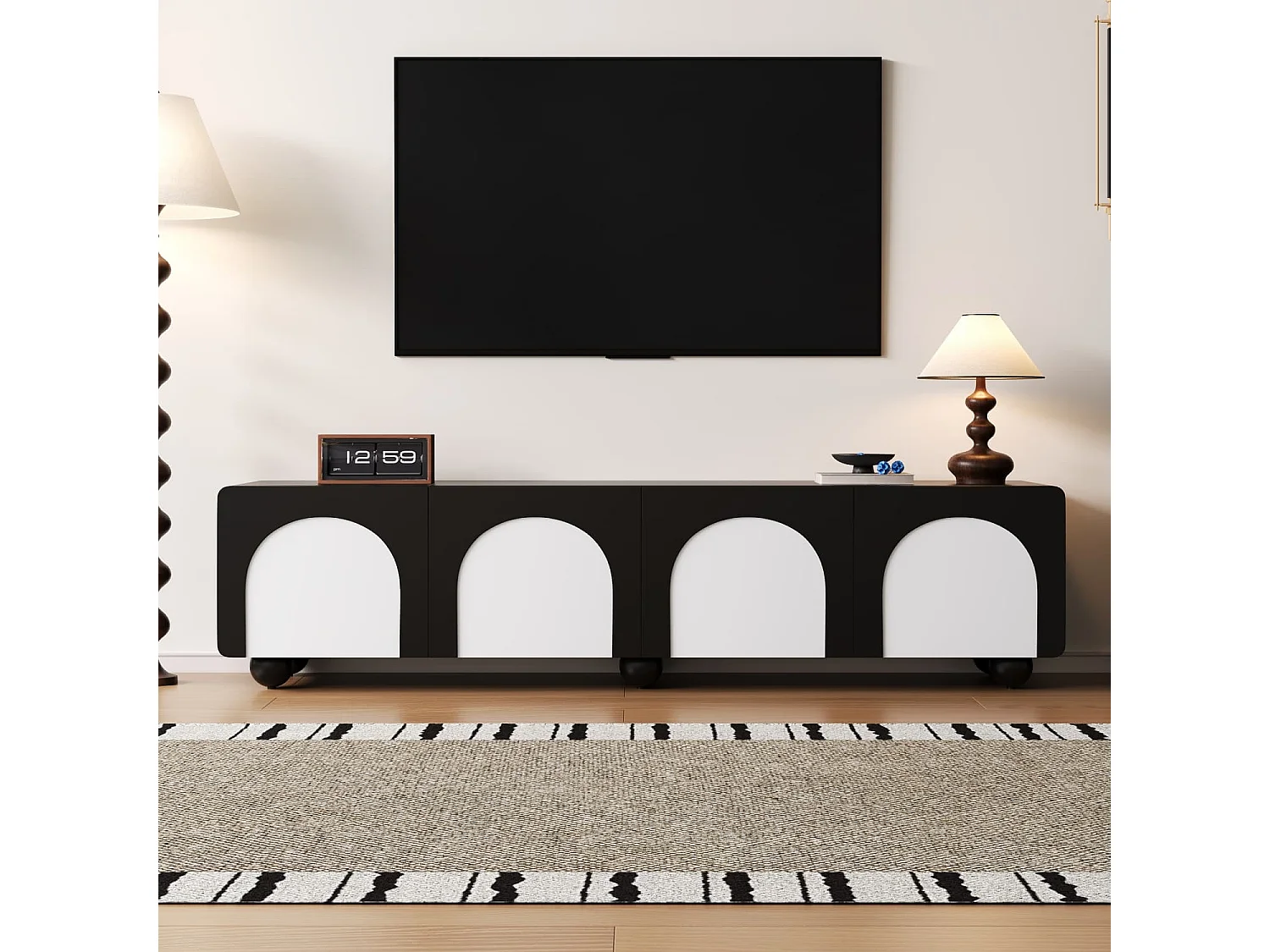 TV-Schrank mit zwei Schubladen und zwei Türen, TV-Möbel, TV-Paneel, niedriger TV-Schrank. Klassisches Schwarz-Weiß-Design. 180 x 38 x 45 cm