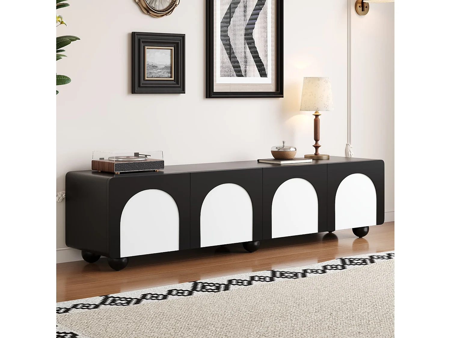 TV-Schrank mit zwei Schubladen und zwei Türen, TV-Möbel, TV-Paneel, niedriger TV-Schrank. Klassisches Schwarz-Weiß-Design. 180 x 38 x 45 cm