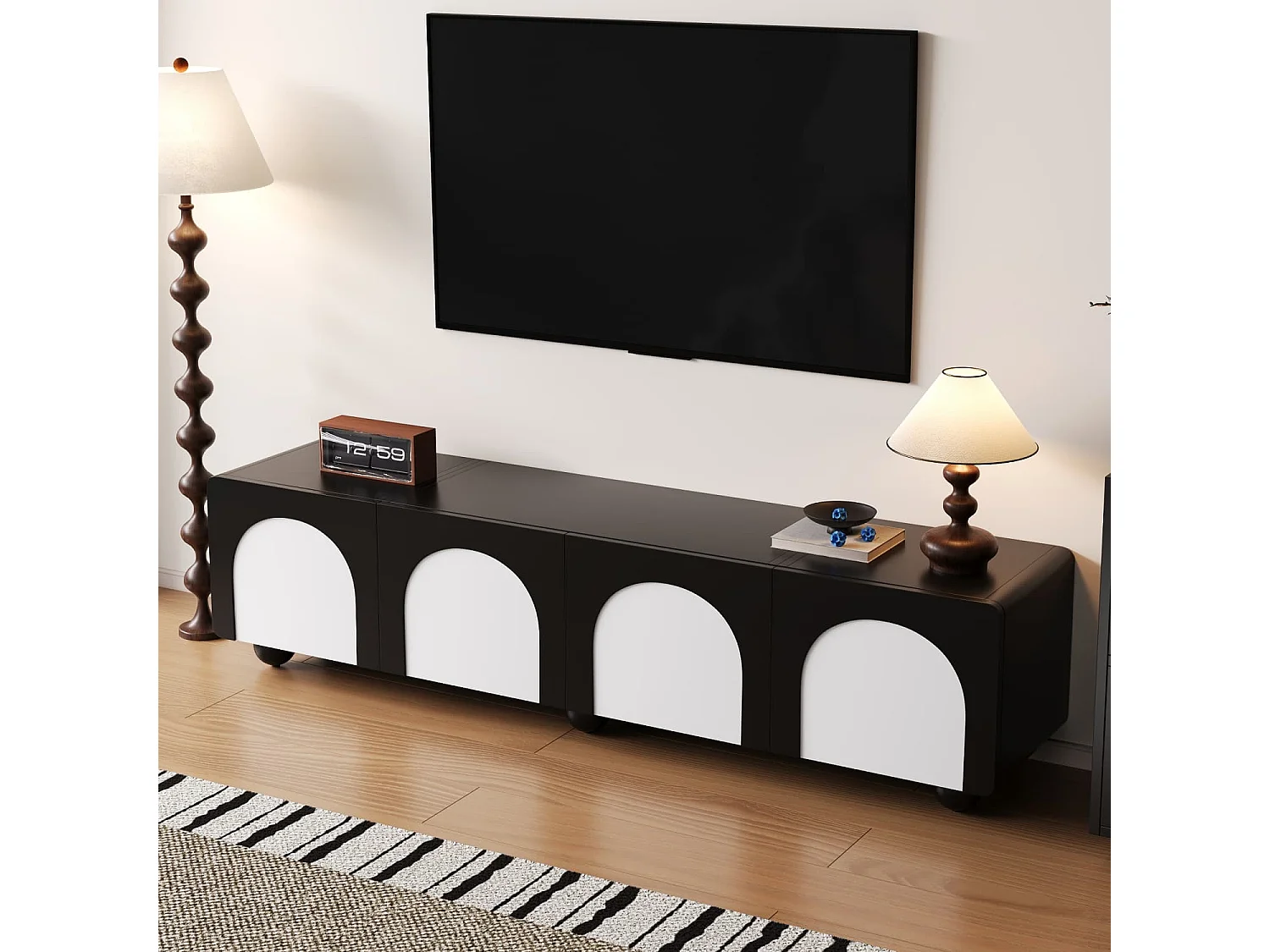 TV-Schrank mit zwei Schubladen und zwei Türen, TV-Möbel, TV-Paneel, niedriger TV-Schrank. Klassisches Schwarz-Weiß-Design. 180 x 38 x 45 cm