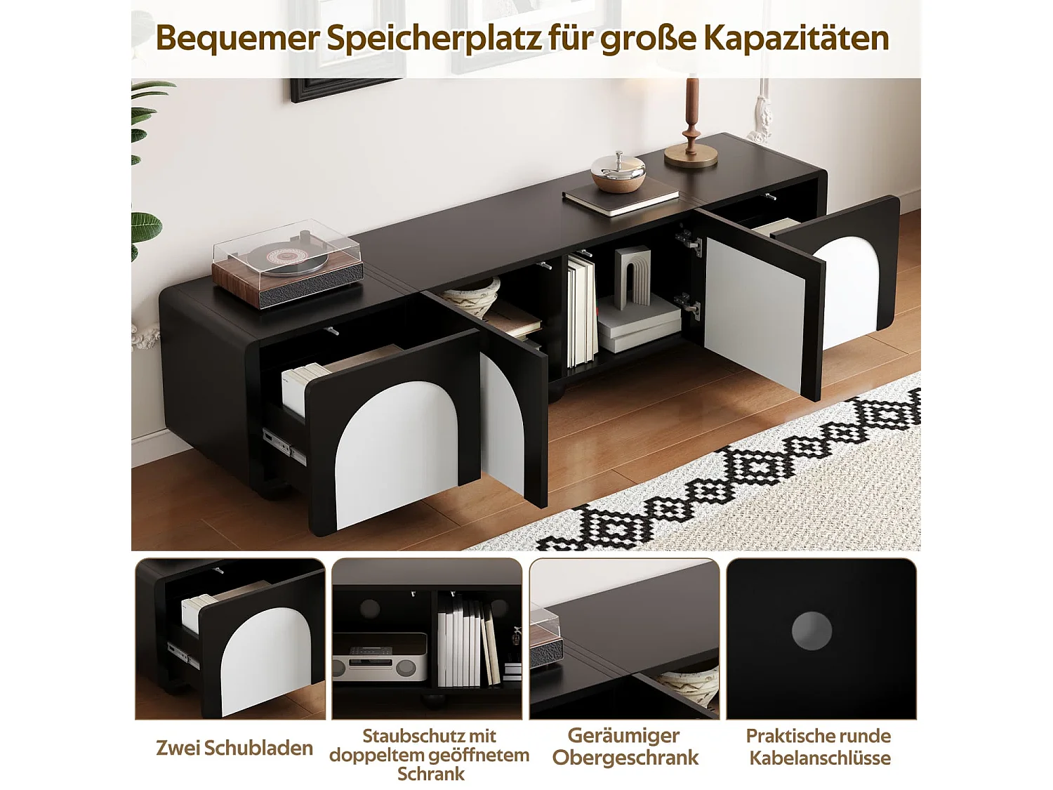 TV-Schrank mit zwei Schubladen und zwei Türen, TV-Möbel, TV-Paneel, niedriger TV-Schrank. Klassisches Schwarz-Weiß-Design. 180 x 38 x 45 cm