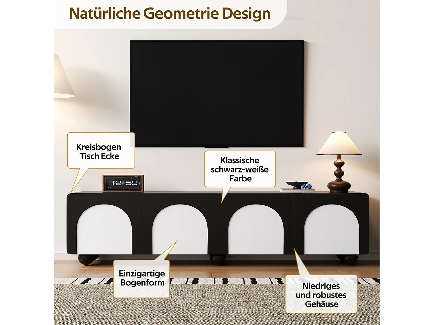 TV-Schrank mit zwei Schubladen und zwei Türen, TV-Möbel, TV-Paneel, niedriger TV-Schrank. Klassisches Schwarz-Weiß-Design. 180 x 38 x 45 cm