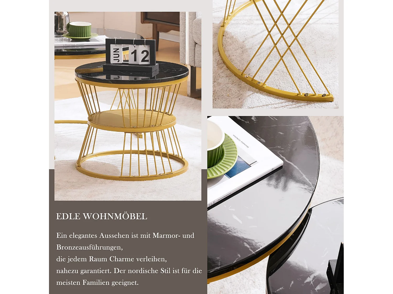 Moderne Nesting Couchtisch, Hochglanz Couchtisch Satz ,Marmor Furnier Sofa Seite Nest von Tischen Runde Endtische, Satz von 2, Goldene Farbe Frame