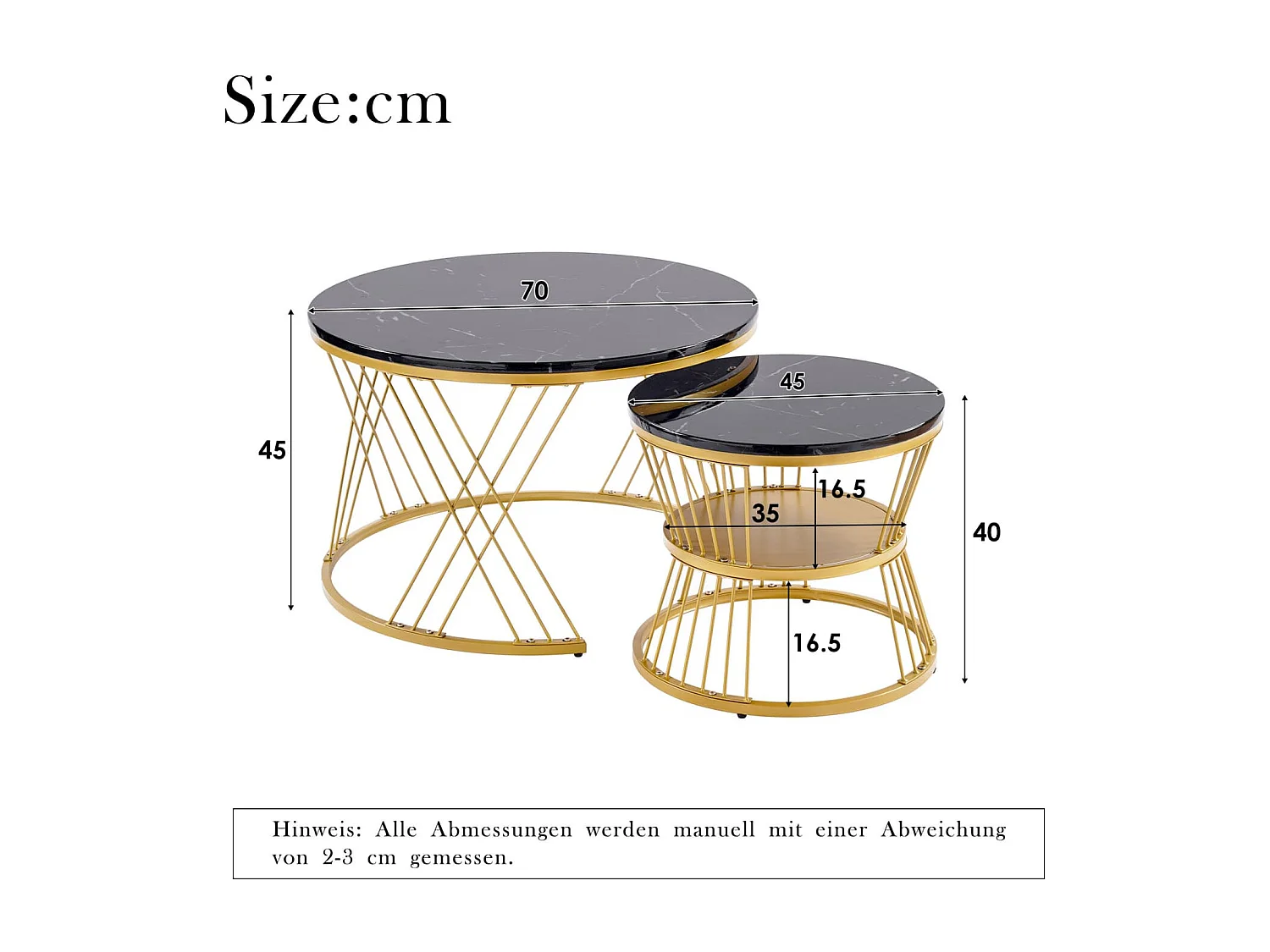 Moderne Nesting Couchtisch, Hochglanz Couchtisch Satz ,Marmor Furnier Sofa Seite Nest von Tischen Runde Endtische, Satz von 2, Goldene Farbe Frame