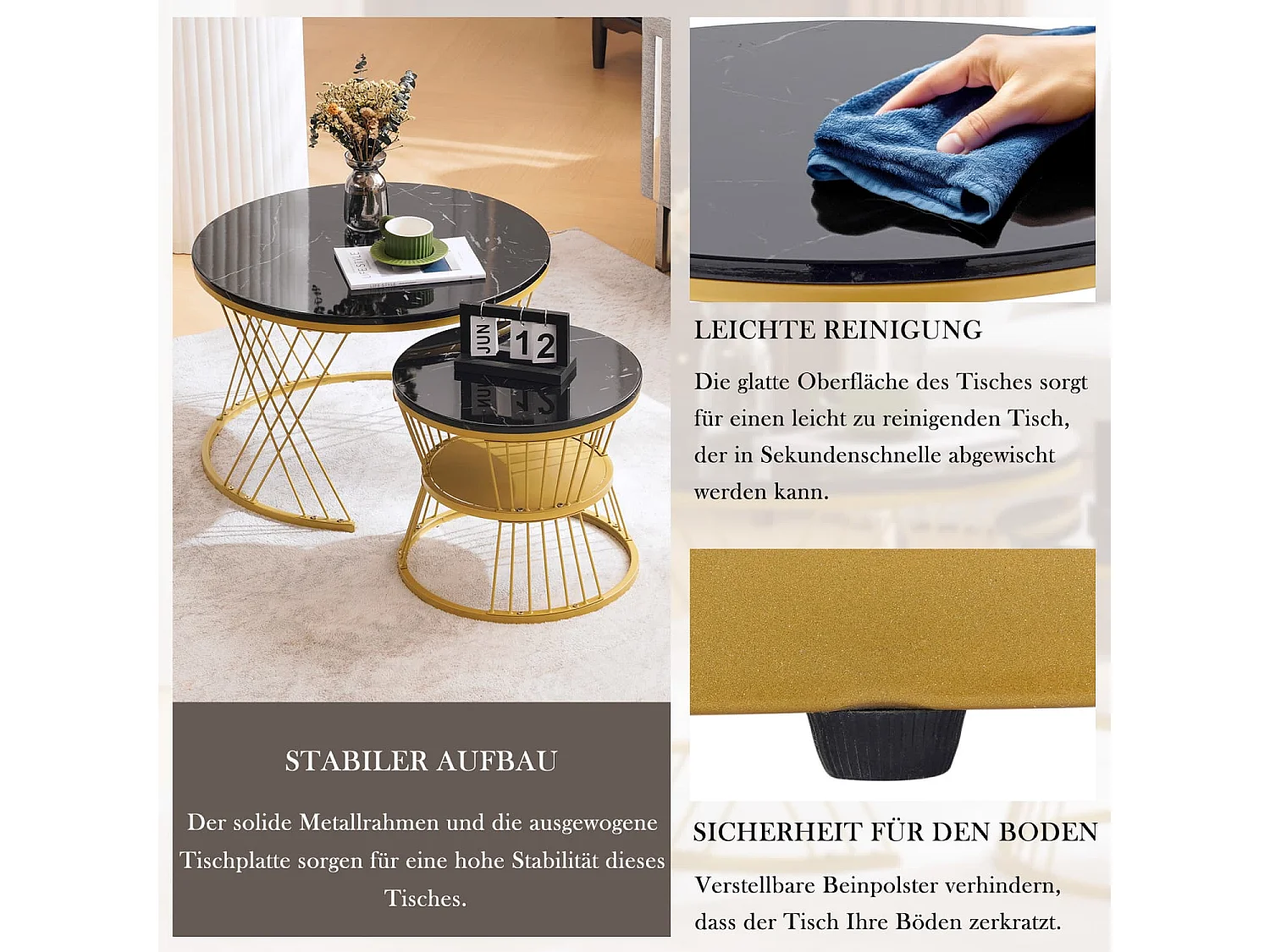 Moderne Nesting Couchtisch, Hochglanz Couchtisch Satz ,Marmor Furnier Sofa Seite Nest von Tischen Runde Endtische, Satz von 2, Goldene Farbe Frame