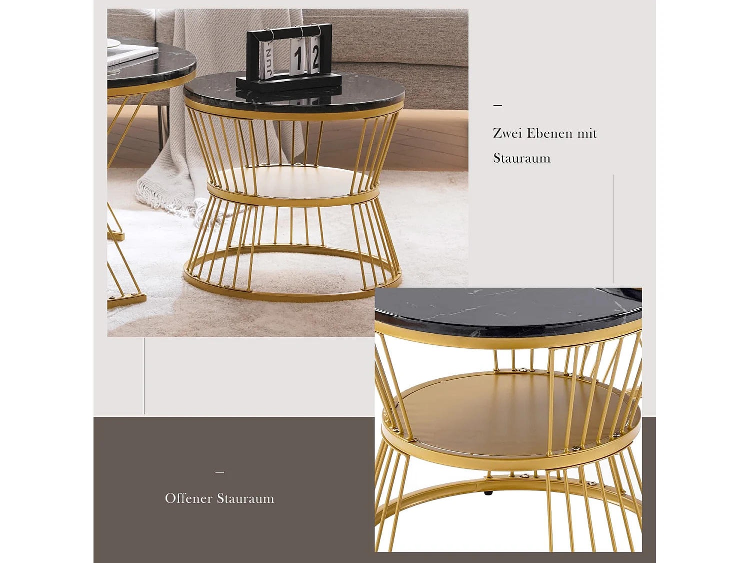 Moderne Nesting Couchtisch, Hochglanz Couchtisch Satz ,Marmor Furnier Sofa Seite Nest von Tischen Runde Endtische, Satz von 2, Goldene Farbe Frame