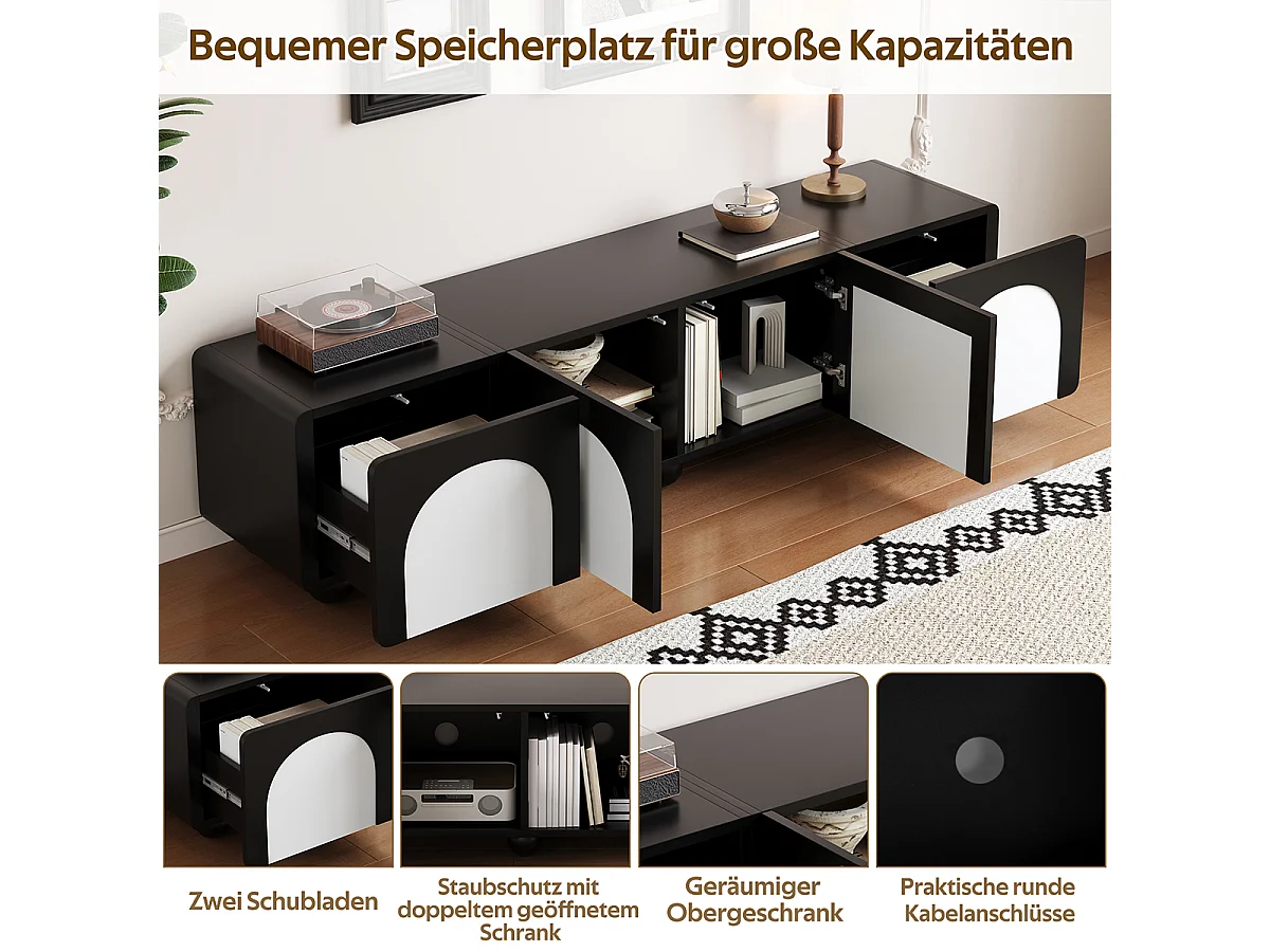 TV-Schrank mit zwei Schubladen und zwei Türen TV-Tisch TV-Ständer TV-Paneel 180 x 38 x 45 cm Schwarz+Weiß
