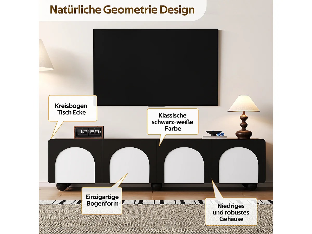 TV-Schrank mit zwei Schubladen und zwei Türen TV-Tisch TV-Ständer TV-Paneel 180 x 38 x 45 cm Schwarz+Weiß