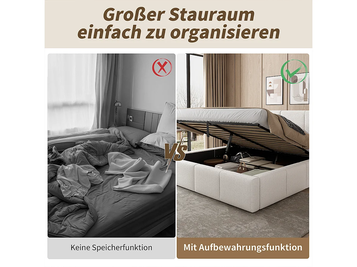 Polsterbett mit Hydraulisches Funktionsbett und Großem Stauraum Doppelbett Erwachsenen Jugendbett 180 x 200cm Beige