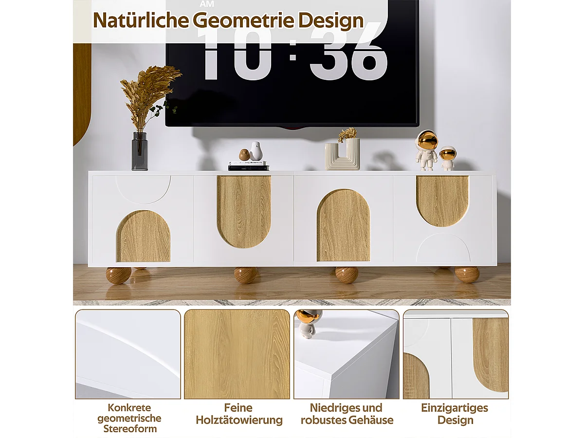 TV-Schrank mit Vier Türen Vintage-Holzmaserung TV-Tisch TV-Ständer TV-Paneel 175 x 38 x 50 cm Weiß