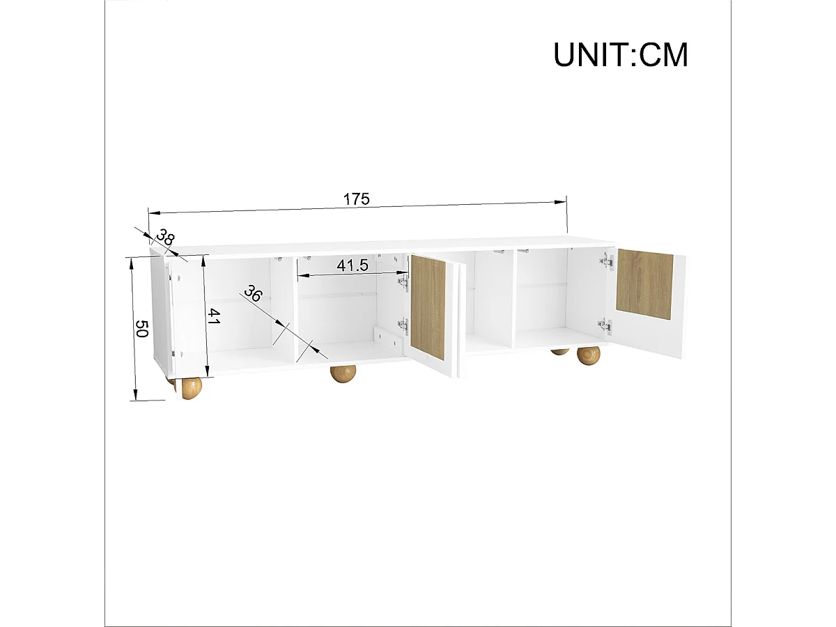 TV-Schrank mit Vier Türen Vintage-Holzmaserung TV-Tisch TV-Ständer TV-Paneel 175 x 38 x 50 cm Weiß