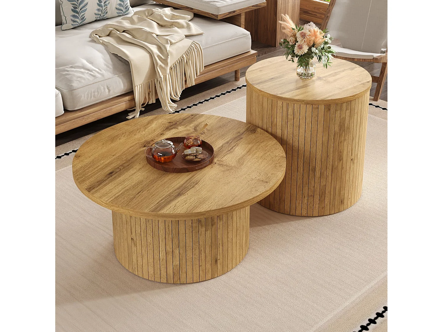 Couchtisch, doppelter runder Tisch, Beistelltisch mit Naturholzlatten. Multifunktionaler Wohnzimmertisch