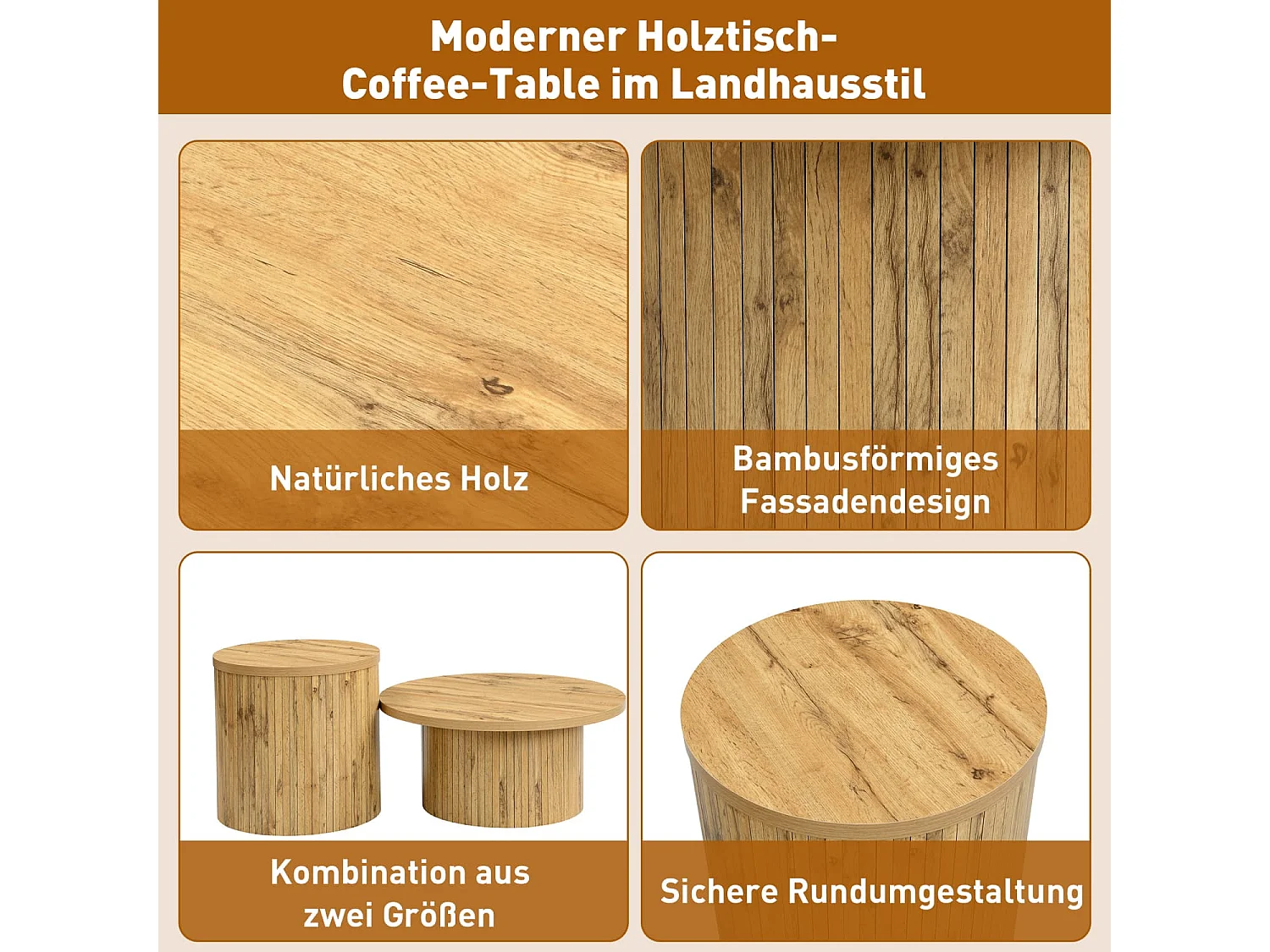 Couchtisch, doppelter runder Tisch, Beistelltisch mit Naturholzlatten. Multifunktionaler Wohnzimmertisch