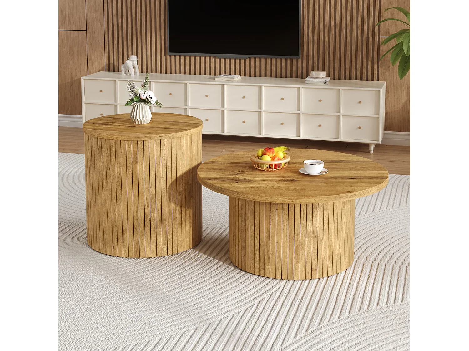 Couchtisch, doppelter runder Tisch, Beistelltisch mit Naturholzlatten. Multifunktionaler Wohnzimmertisch