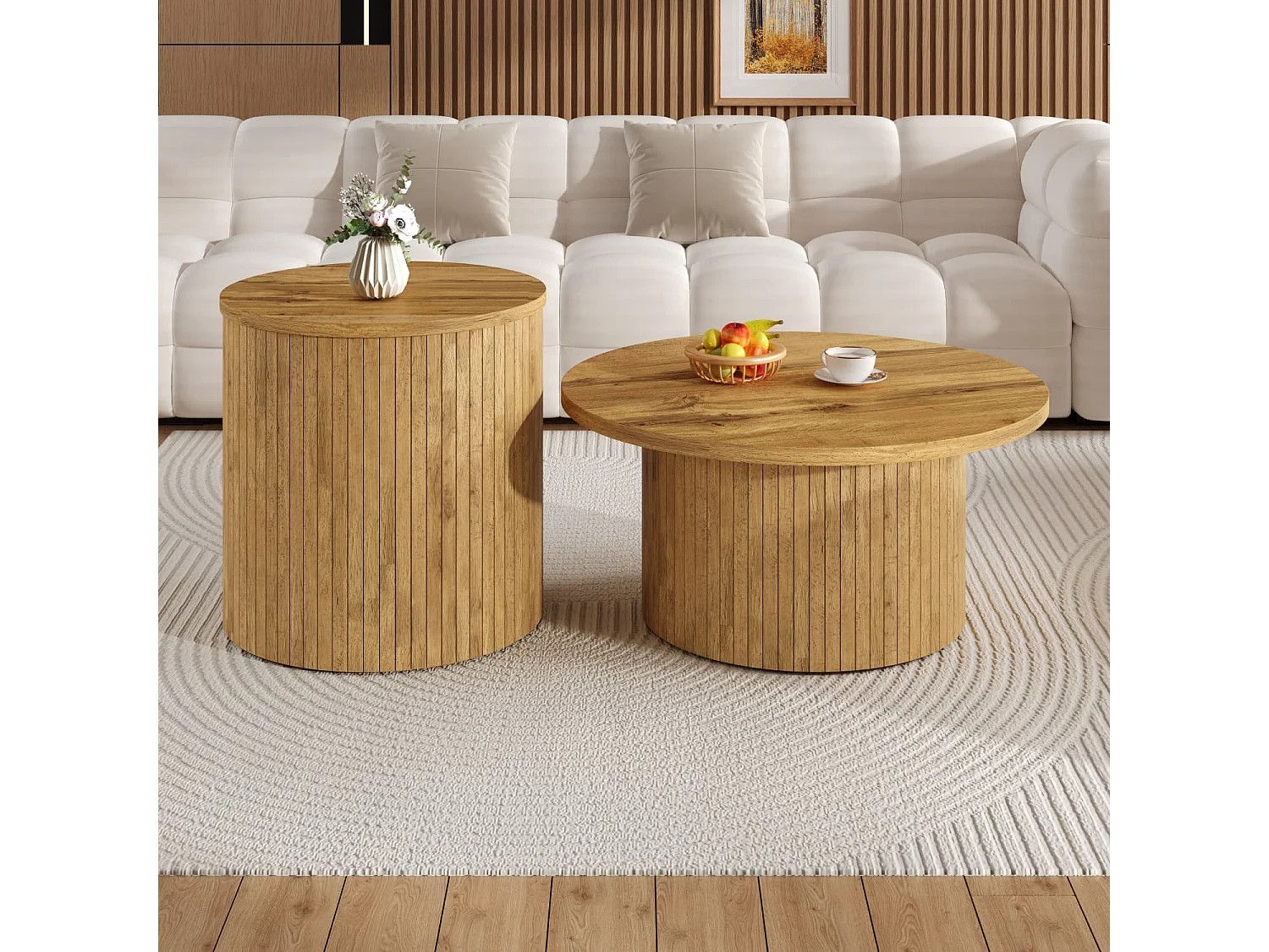 Couchtisch, doppelter runder Tisch, Beistelltisch mit Naturholzlatten. Multifunktionaler Wohnzimmertisch