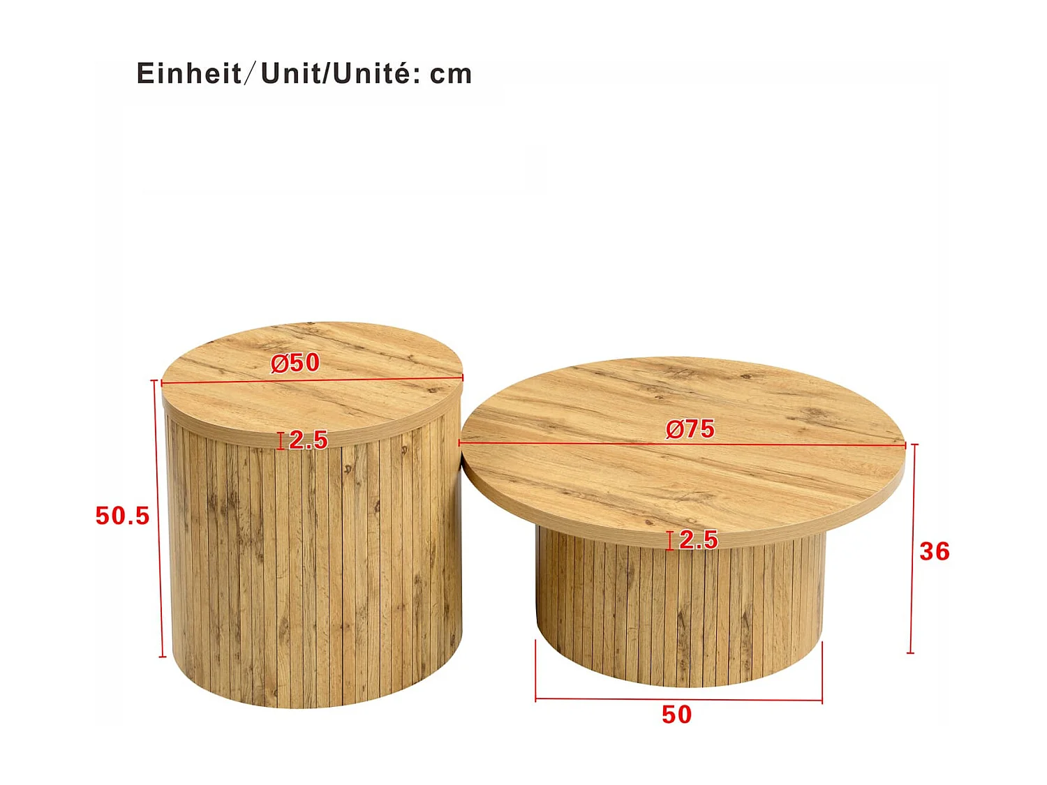 Couchtisch, doppelter runder Tisch, Beistelltisch mit Naturholzlatten. Multifunktionaler Wohnzimmertisch