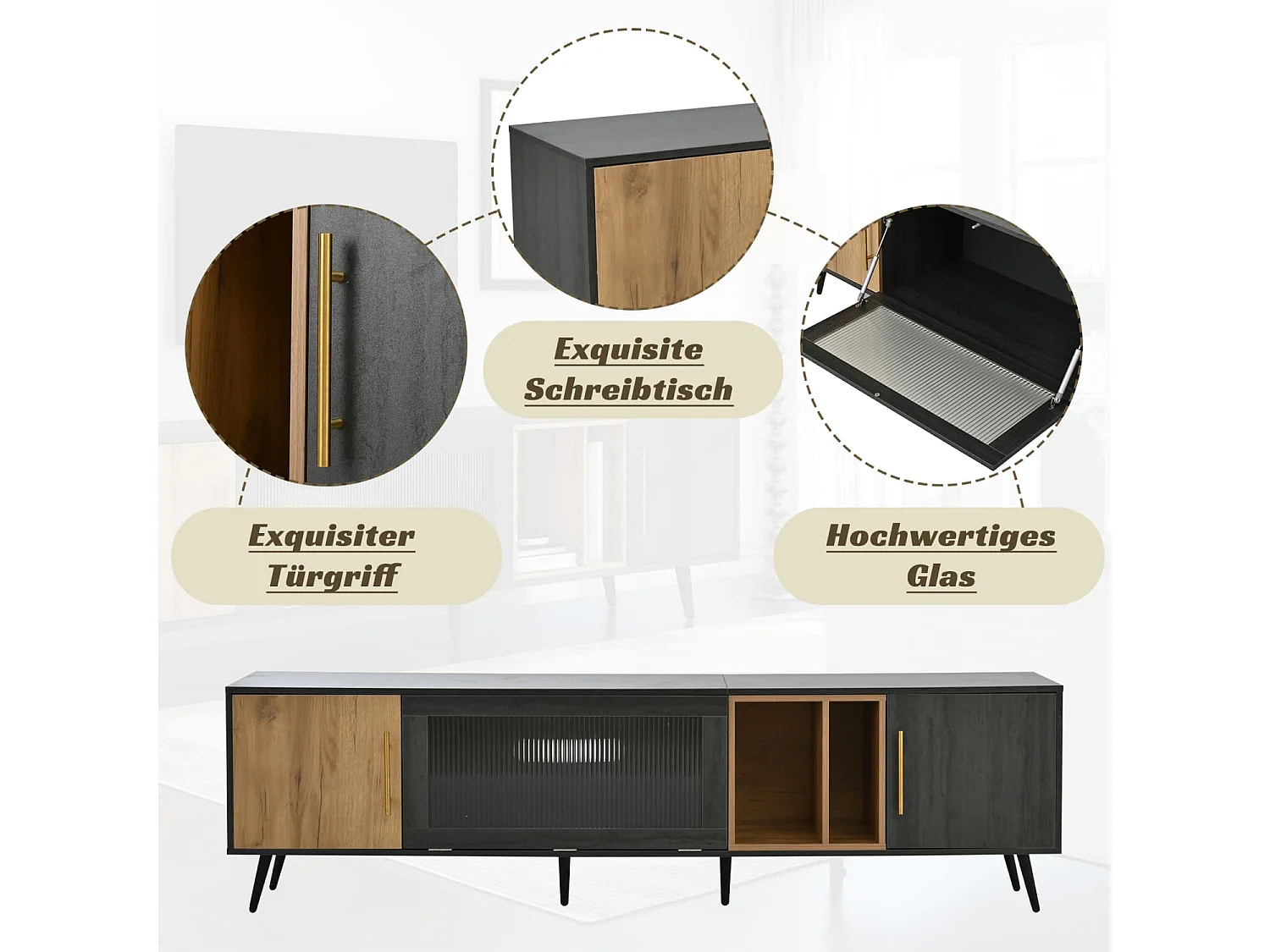 Eleganter TV-Schrank, 200x40x55,5 cm, dunkles Holz, grau und Holzmaserung, für einen 90-Zoll-Fernseher geeignet