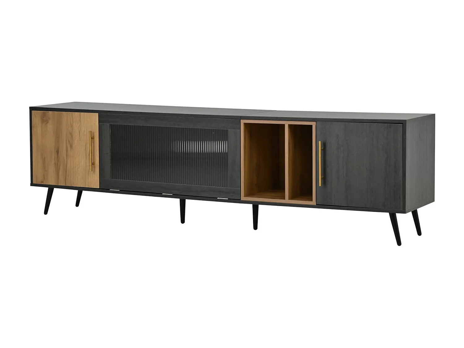 Eleganter TV-Schrank, 200x40x55,5 cm, dunkles Holz, grau und Holzmaserung, für einen 90-Zoll-Fernseher geeignet