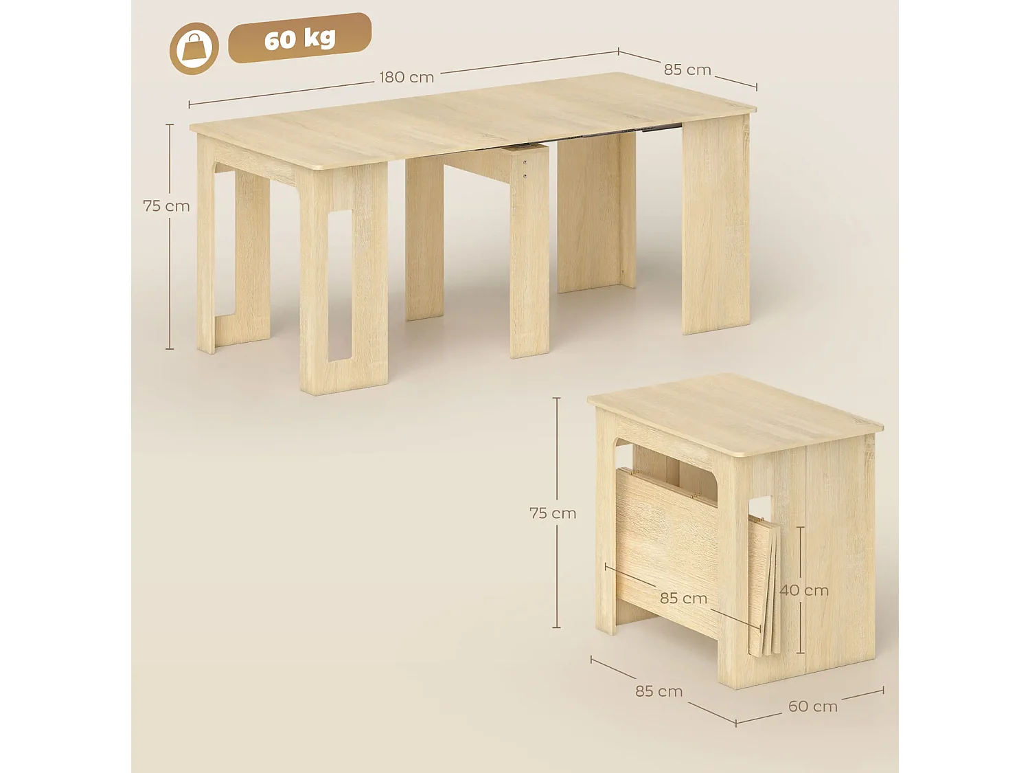 Esstisch, Klapptisch, ausziehbarer Küchentisch, Esszimmertisch, Spanplatten, 60-180 x 85 x 75 cm