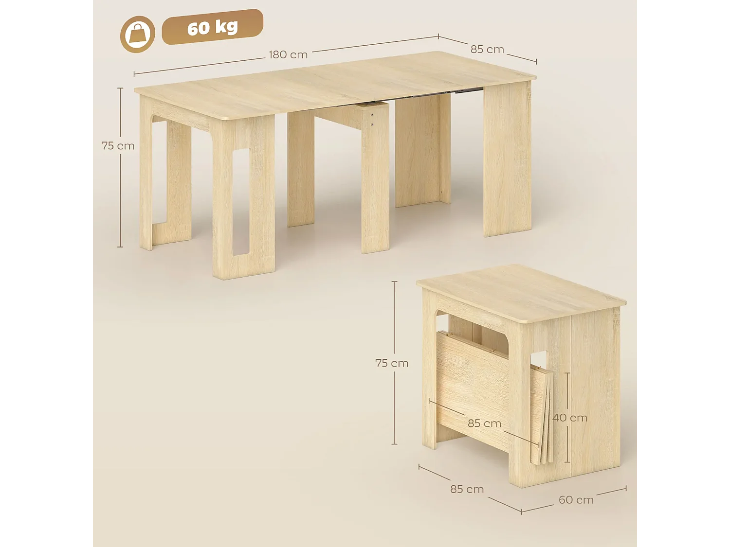 Esstisch, Klapptisch, ausziehbarer Küchentisch, Esszimmertisch, Spanplatten, 60-180 x 85 x 75 cm