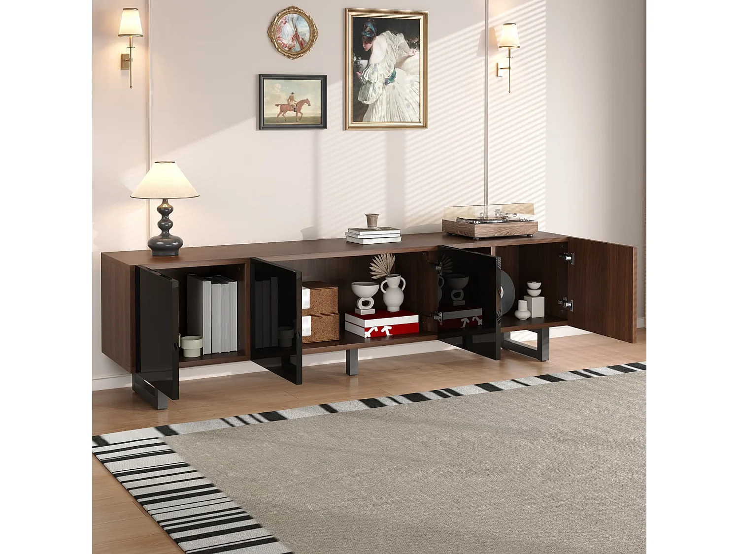 TV-Schrank mit vier Türen,TV-Ständer, TV-Paneel, niedriger TV-Ständer. Einzigartiges Design, Vintage-Holzmaserung. 180 x 38 x 50 cm (L x B x H)