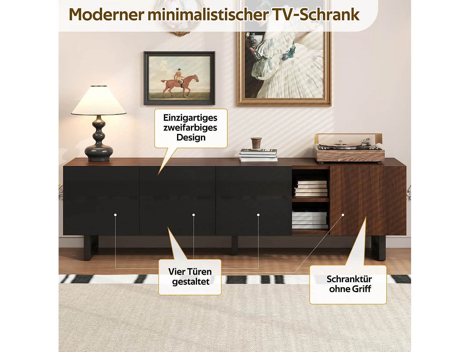 TV-Schrank mit vier Türen,TV-Ständer, TV-Paneel, niedriger TV-Ständer. Einzigartiges Design, Vintage-Holzmaserung. 180 x 38 x 50 cm (L x B x H)