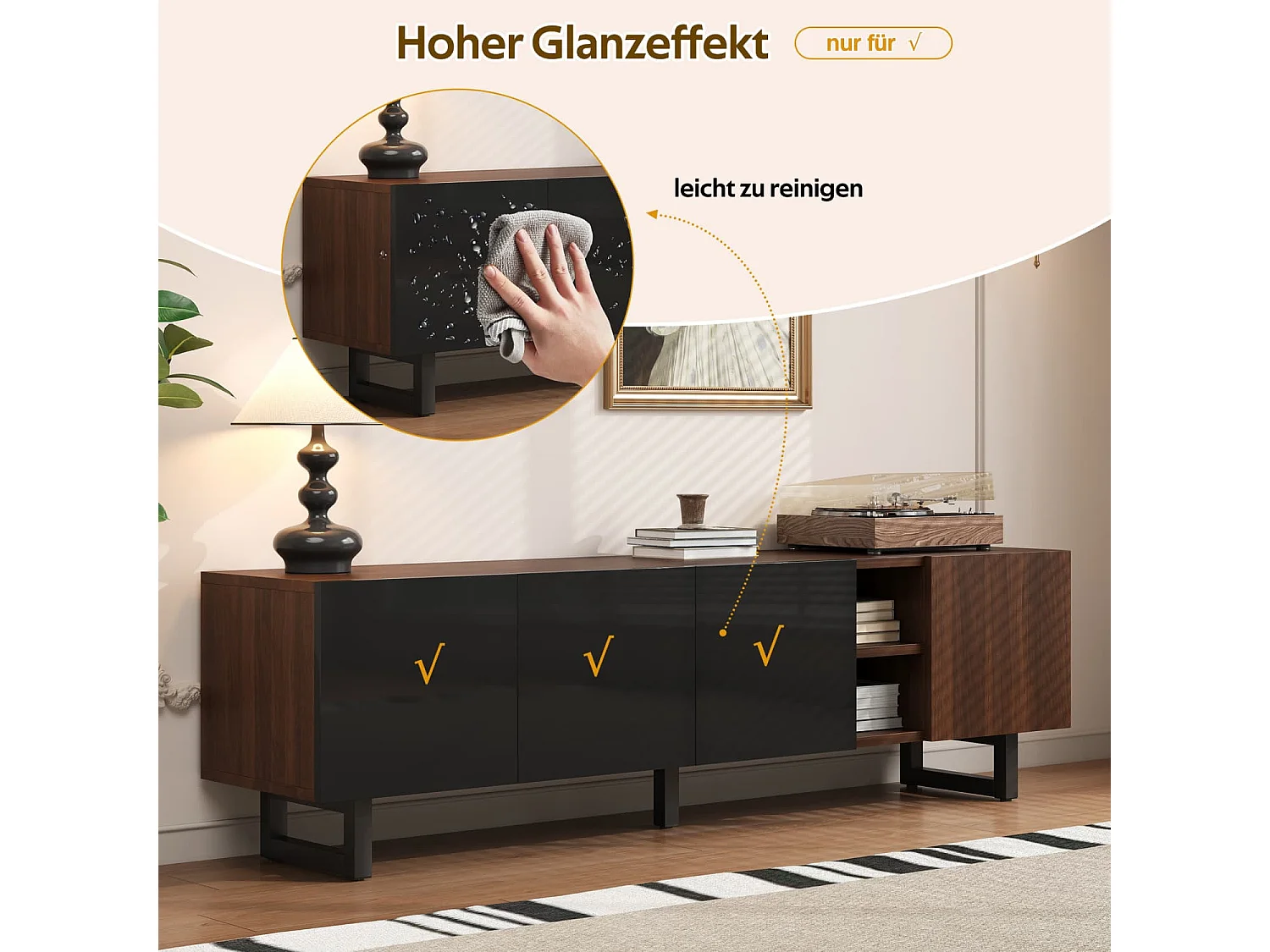TV-Schrank mit vier Türen,TV-Ständer, TV-Paneel, niedriger TV-Ständer. Einzigartiges Design, Vintage-Holzmaserung. 180 x 38 x 50 cm (L x B x H)