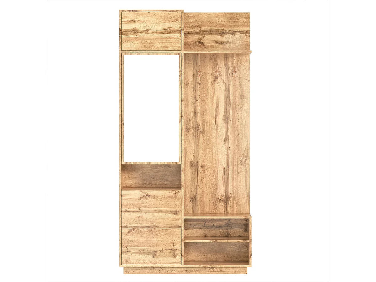 Garderobenset mit Spiegel und Haken Flurgarderobe Flurmöbel Wandgarderoben-Set 90 L x34.5 B x 190 H(cm) Natur