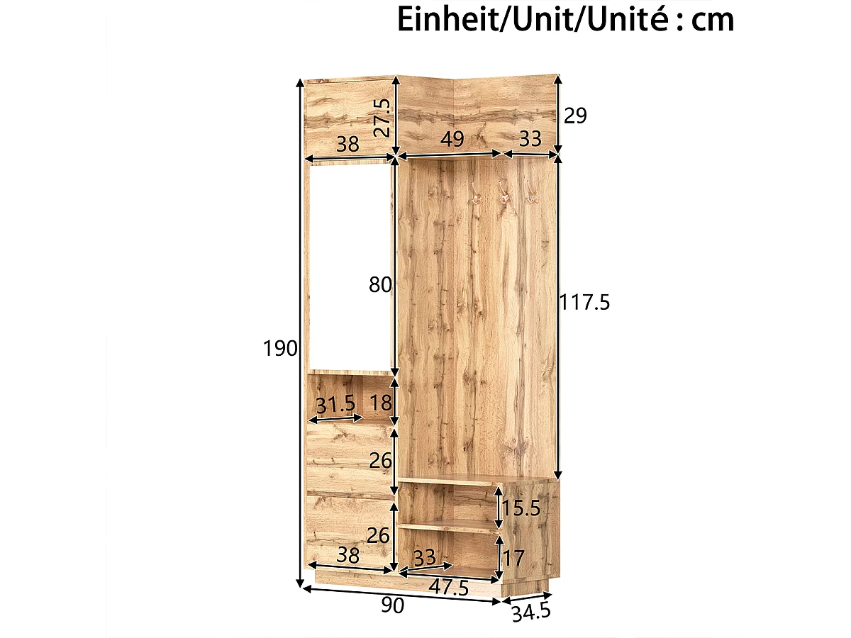 Garderobenset mit Spiegel und Haken Flurgarderobe Flurmöbel Wandgarderoben-Set 90 L x34.5 B x 190 H(cm) Natur