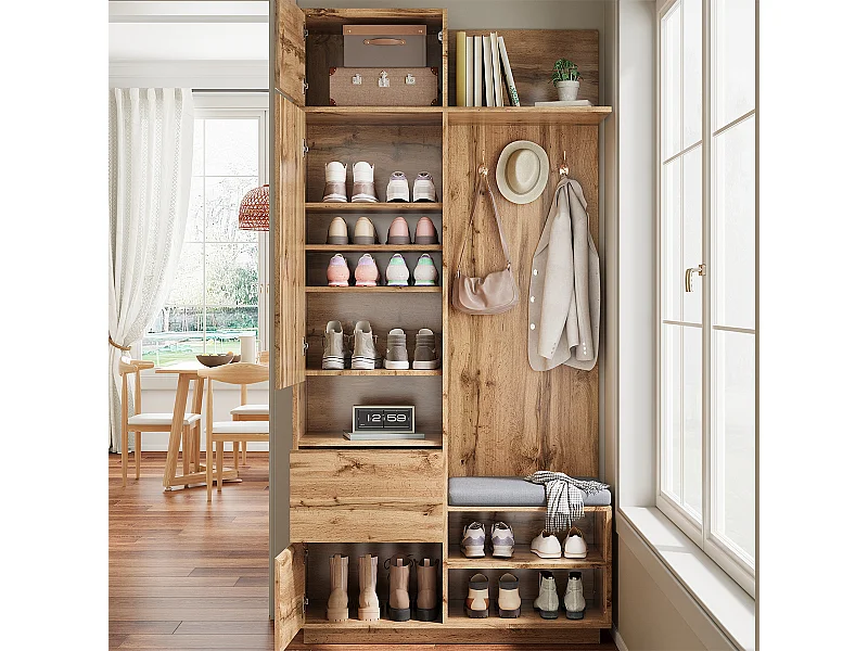 Garderobenset mit Spiegel und Haken Flurgarderobe Flurmöbel Wandgarderoben-Set 90 L x34.5 B x 190 H(cm) Natur