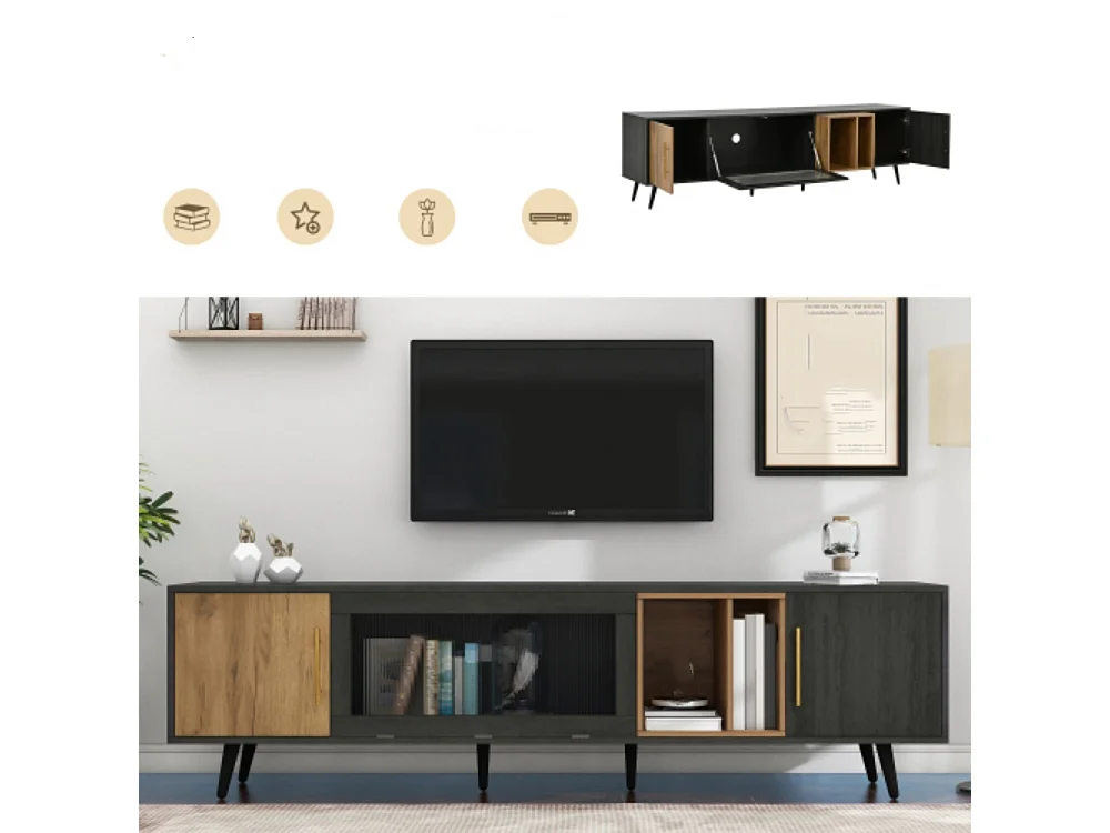 TV-Schrank, TV-Ständer und Holzmaserung, TV-Konsolentisch für einen 90-Zoll-Fernseher 200x40x55,5 cm