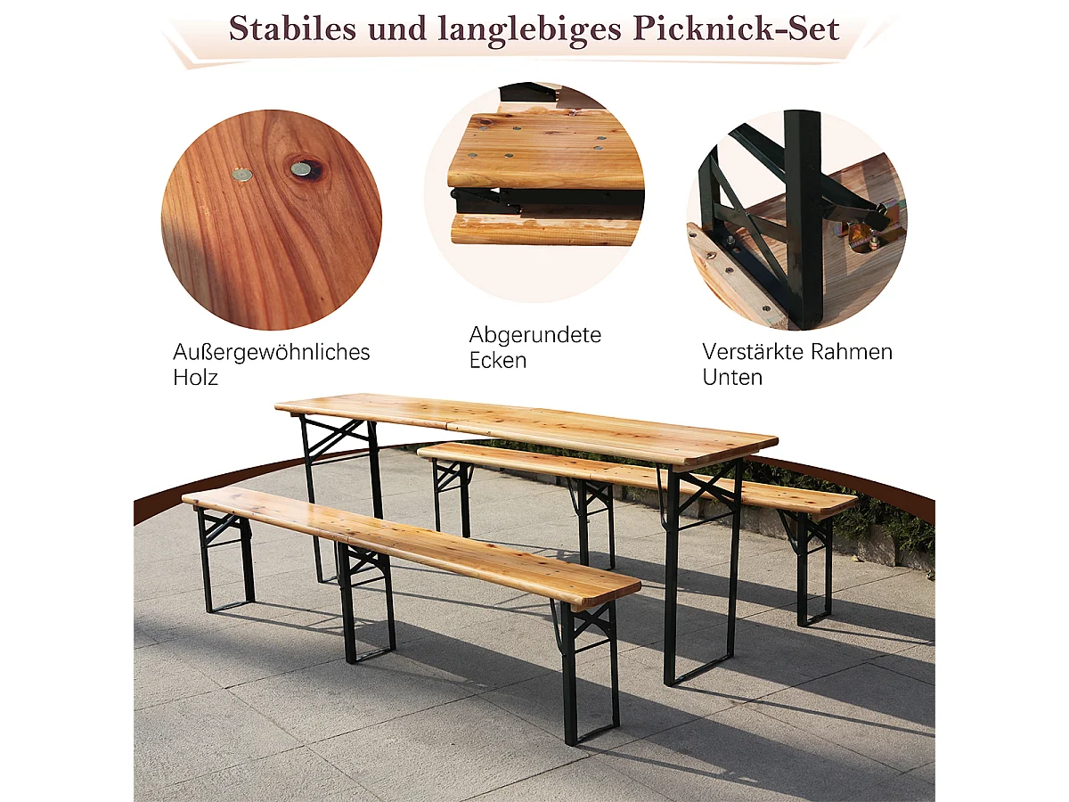 3-teilig Bierzeltgarnitur mit 1 Klapptisch + 2 Bierbänke Faltbare Wetterfest Biertischgarnitur bis 200 kg