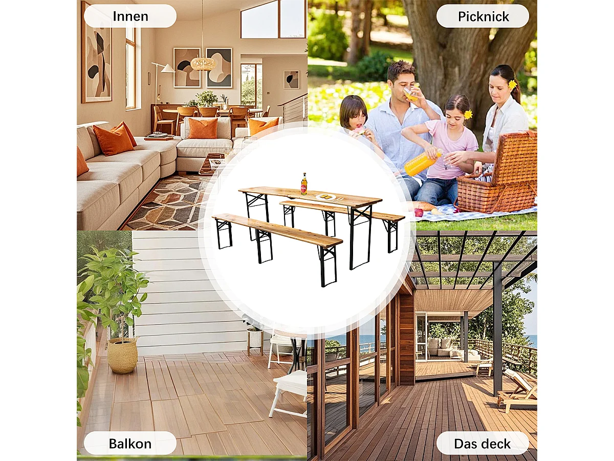 3-teilig Bierzeltgarnitur mit 1 Klapptisch + 2 Bierbänke Faltbare Wetterfest Biertischgarnitur bis 200 kg