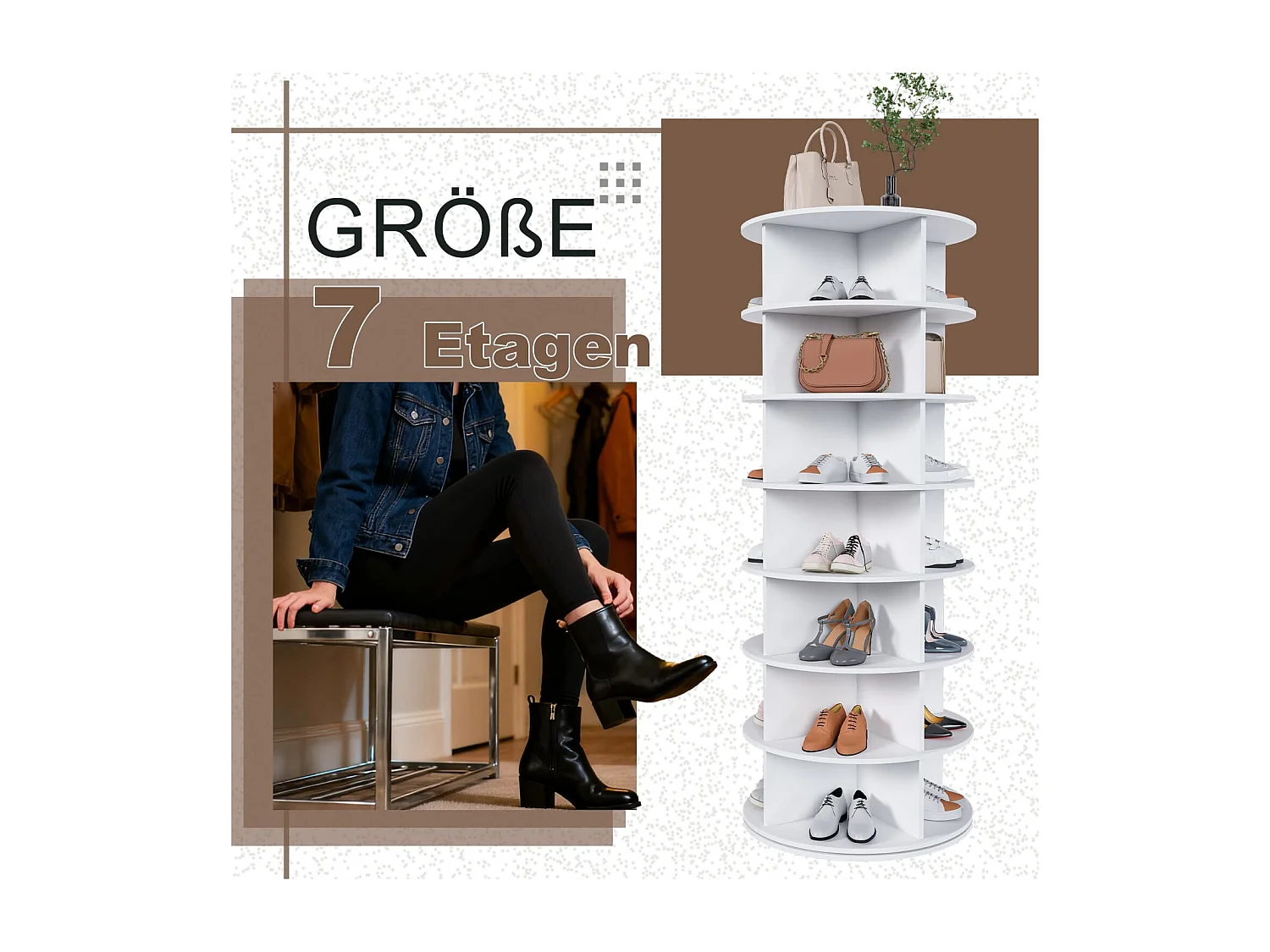 7-Etagen Drehschuhregal Tower, 360° drehbar – Freistehendes Schuhregal für 28 Paar Schuhe, Platzsparend, weiß (60 × 60 × 161cm)