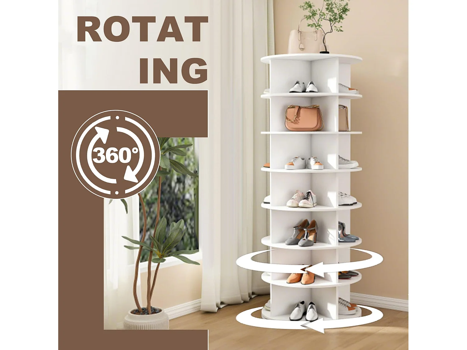7-Etagen Drehschuhregal Tower, 360° drehbar – Freistehendes Schuhregal für 28 Paar Schuhe, Platzsparend, weiß (60 × 60 × 161cm)