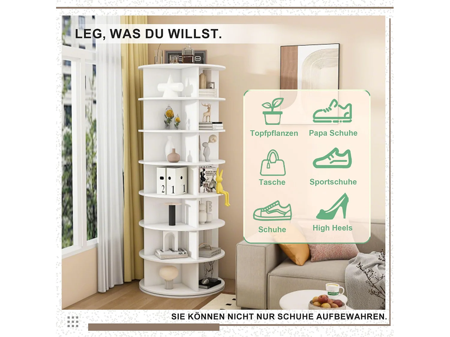 7-Etagen Drehschuhregal Tower, 360° drehbar – Freistehendes Schuhregal für 28 Paar Schuhe, Platzsparend, weiß (60 × 60 × 161cm)