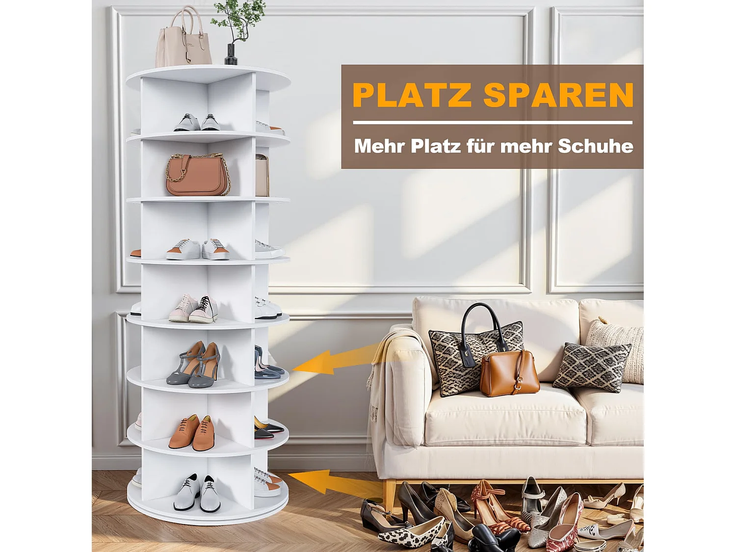 7-Etagen Drehschuhregal Tower, 360° drehbar – Freistehendes Schuhregal für 28 Paar Schuhe, Platzsparend, weiß (60 × 60 × 161cm)
