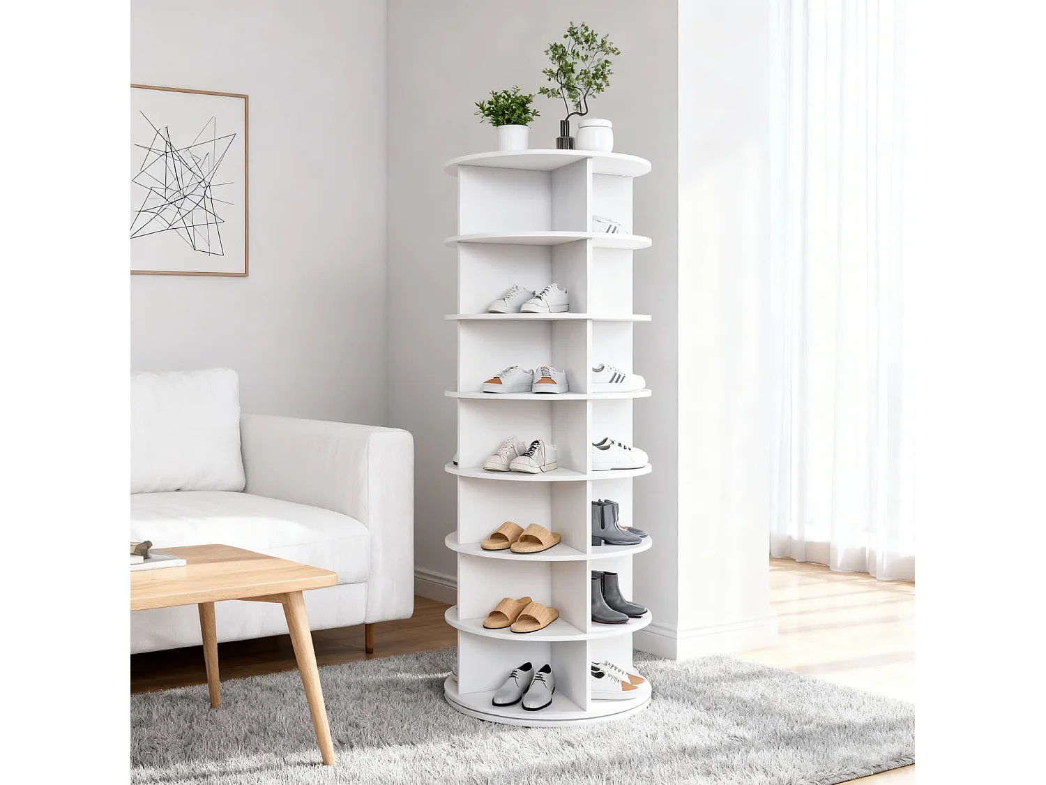 7-Etagen Drehschuhregal Tower, 360° drehbar – Freistehendes Schuhregal für 28 Paar Schuhe, Platzsparend, weiß (60 × 60 × 161cm)