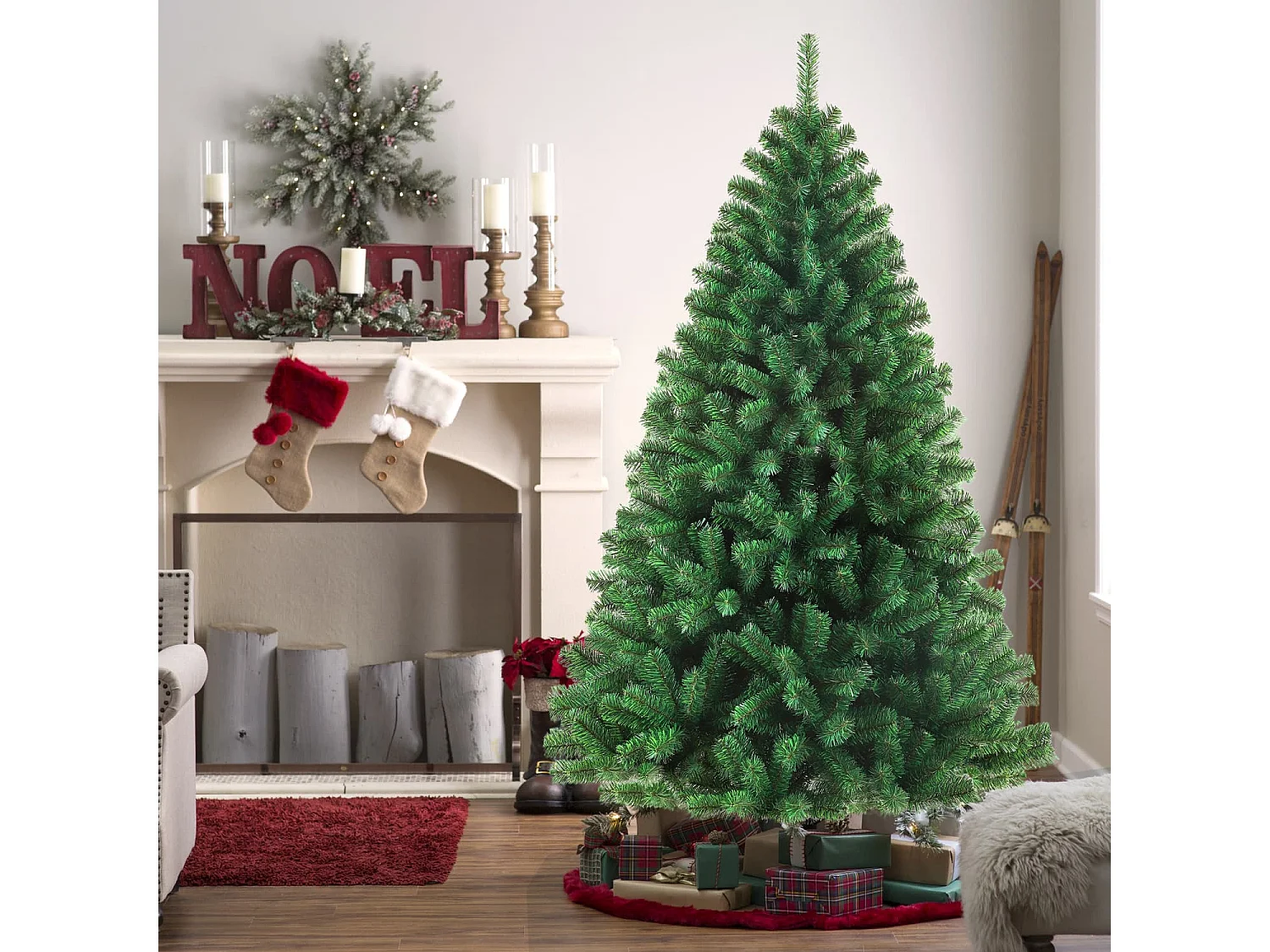 Künstlicher Weihnachtsbaum tannenbaum 180 cm mit 900 Zweigen – Dichte PVC-Nadeln, Stabiler Metallfuß & Inklusive Lichterkette